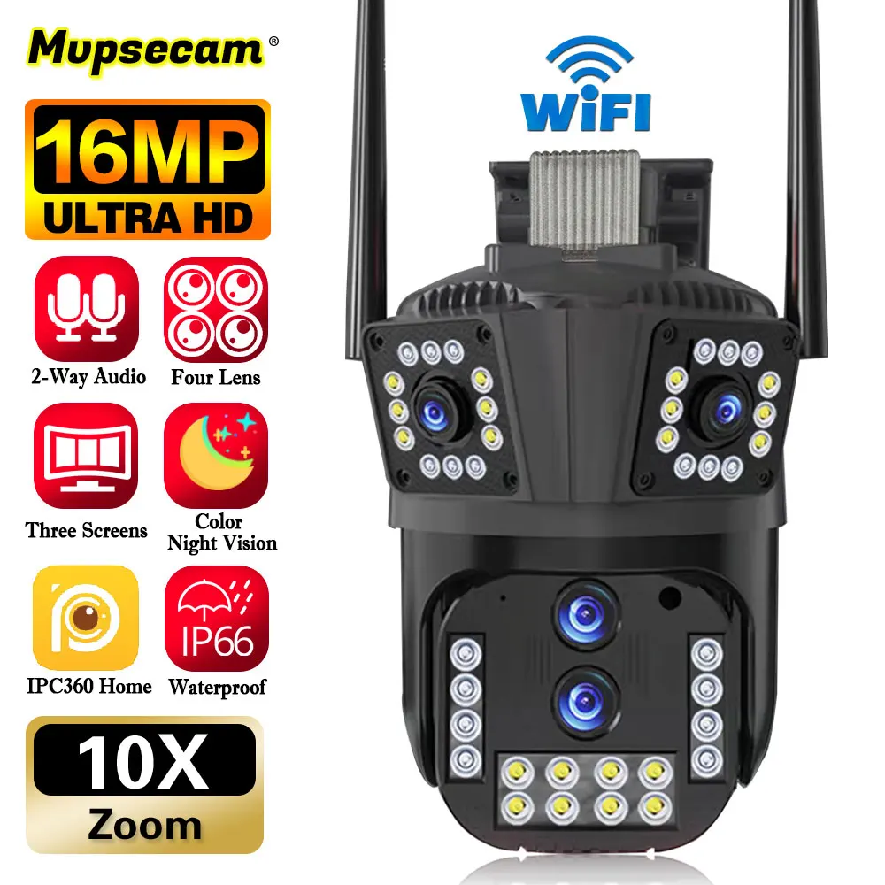 16MP WIFI Surveillance Camera Outdoor Night Vision Auto Tracking PTZ 8K Four Lens Three Screen Smart Home Security CCTV Camera
16MP WIFI Surveillance Camera Outdoor Night Vision Auto Tracking PTZ 8K Four Lens Three Screen Smart Home Security CCTV Camera