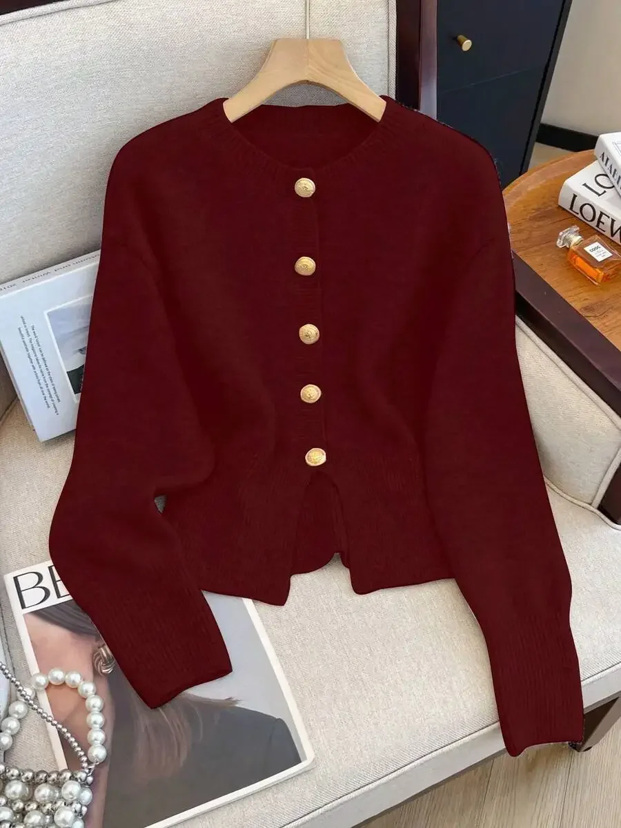 Women Solid Color Long Sleeve Knit Cardigan With Metal Buttons Minimalist Style
Women Solid Color Long Sleeve Knit Cardigan With Metal Buttons Minimalist Style