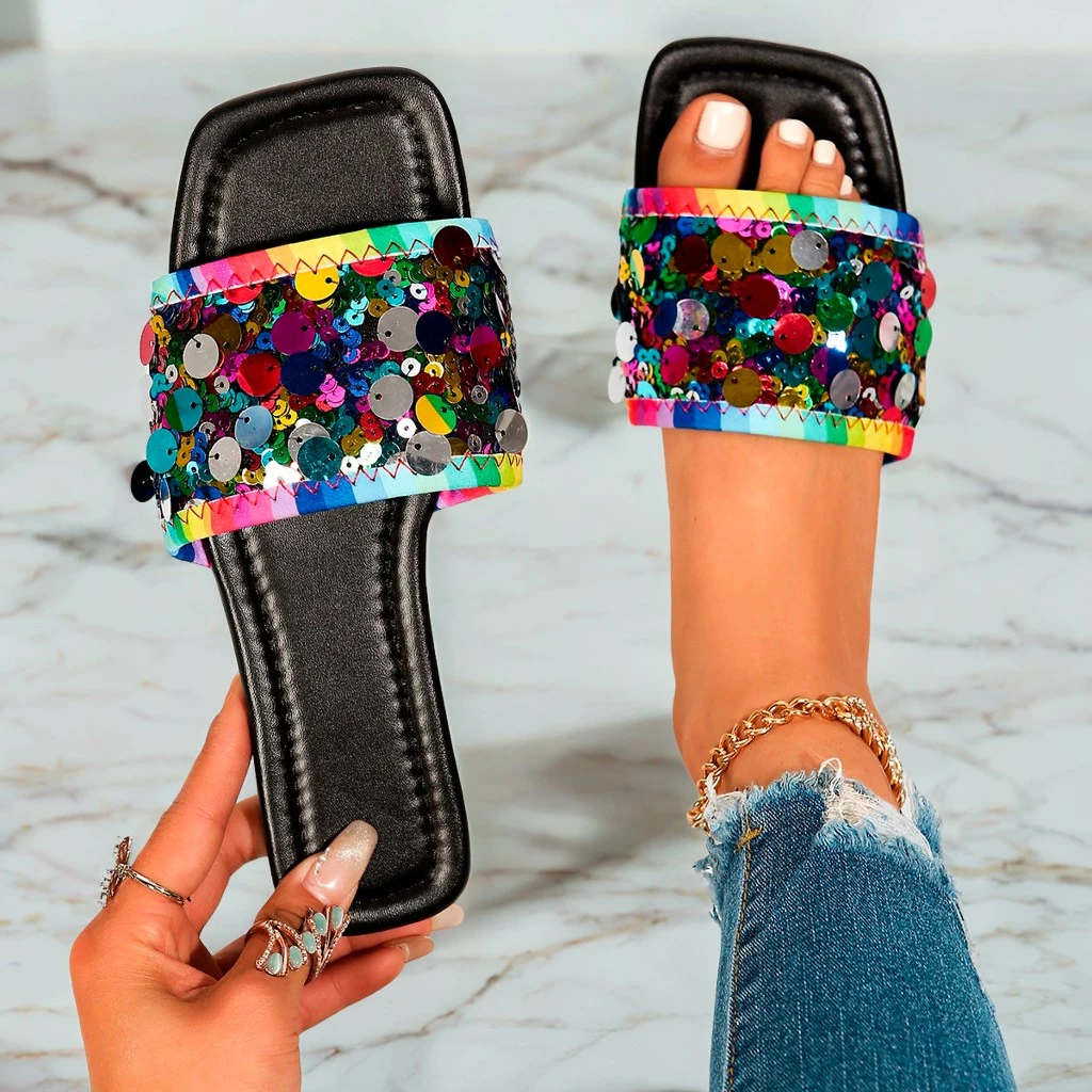 Black Sequin Knitted Sandals Slippers Women's Metal Chain Ankle Decoration Summer Breathable Non-slip Party Shoes Dinner Shoes
Black Sequin Knitted Sandals Slippers Women's Metal Chain Ankle Decoration Summer Breathable Non-slip Party Shoes Dinner Shoes