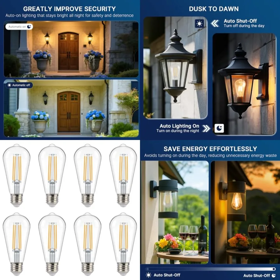 Dusk to Dawn Outdoor Sensor ST19 LED Light Bulb, 7W 60W Eqv.,800LM, Vintage Filament E26 Base, Auto On/Off Photocell Automatic
Dusk to Dawn Outdoor Sensor ST19 LED Light Bulb, 7W 60W Eqv.,800LM, Vintage Filament E26 Base, Auto On/Off Photocell Automatic