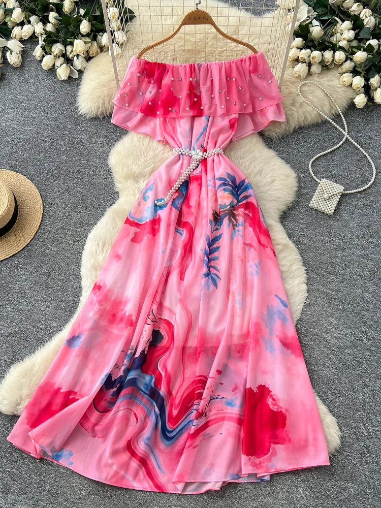Summer Printed One Shoulder Lotus Leaf Edge Dress Women's New Fashionable Loose Short Sleeved Diamond Studded Long Dress S597
Summer Printed One Shoulder Lotus Leaf Edge Dress Women's New Fashionable Loose Short Sleeved Diamond Studded Long Dress S597