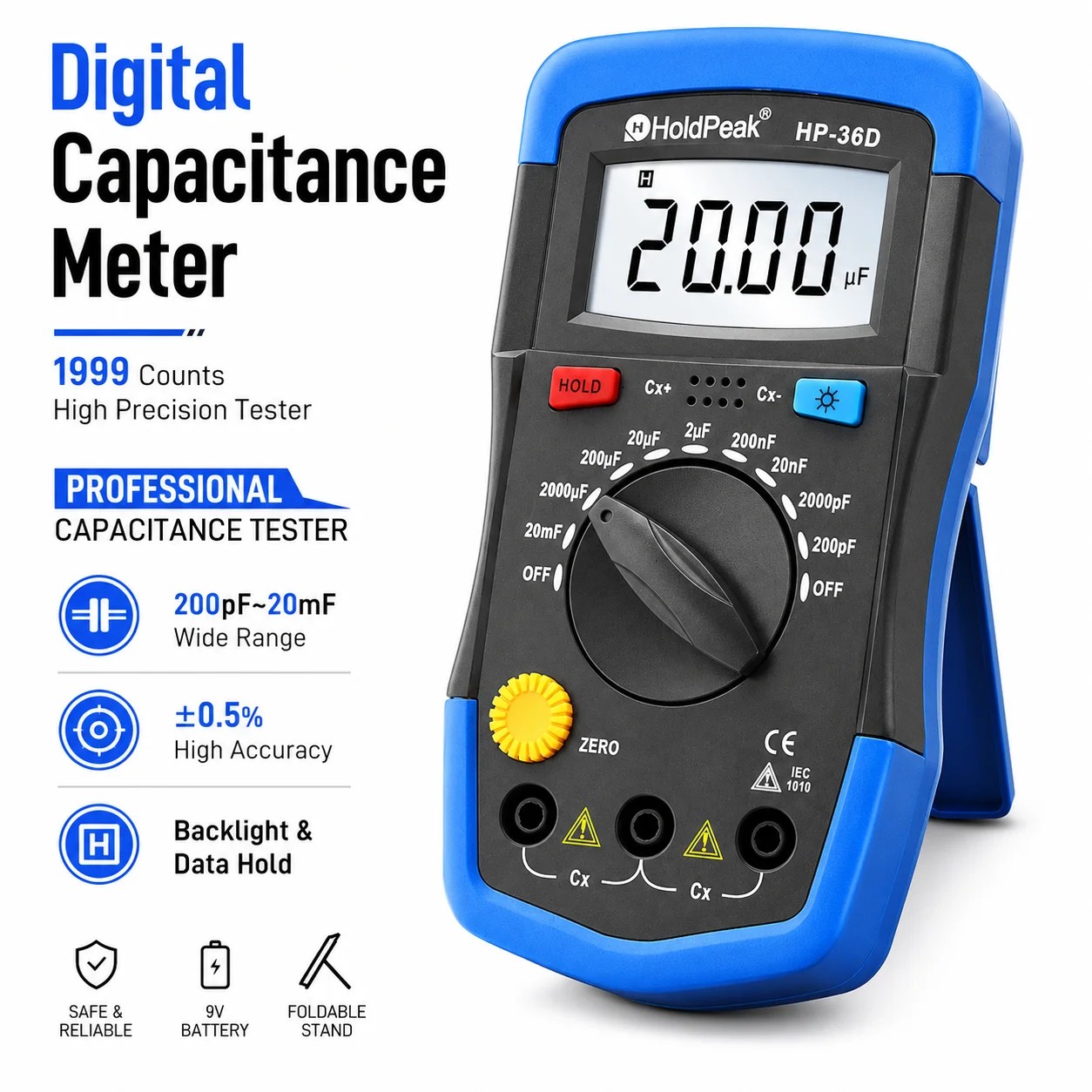 HolePeak Digital Capacitance Meter 200pF-20mF High Precision Capacitor Tester 1999 Counts LCD Backlight Data Hold Tool
HolePeak Digital Capacitance Meter 200pF-20mF High Precision Capacitor Tester 1999 Counts LCD Backlight Data Hold Tool