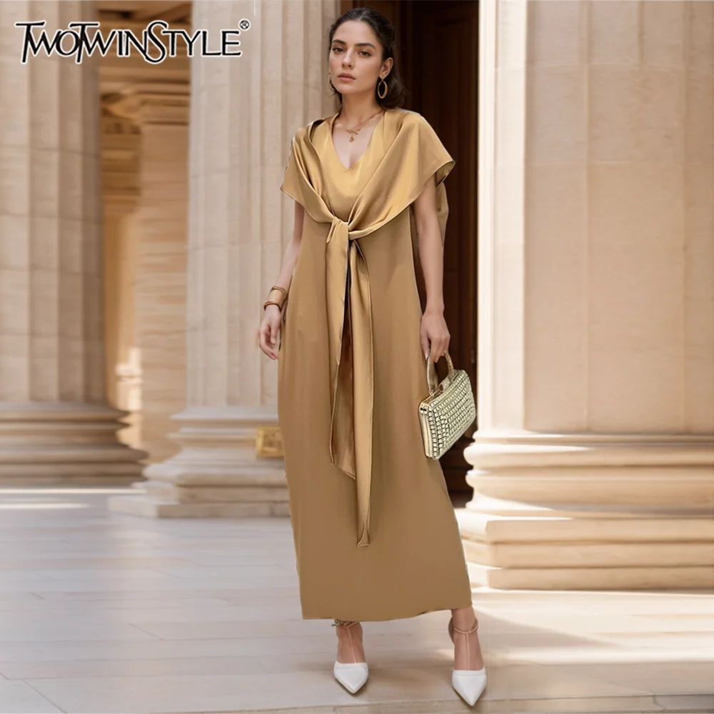 TWOTWINSTYLE Solid Casual Spliced Lace Up Dress For Women V Neck Short Sleeve High Waist Split Loose Dresses Female KDR509706
TWOTWINSTYLE Solid Casual Spliced Lace Up Dress For Women V Neck Short Sleeve High Waist Split Loose Dresses Female KDR509706