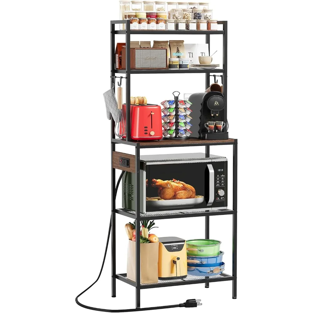 Кухонная полка для пекаря с розеткой, 5-уровневая подставка для микроволновой печи с местом для хранения, отдельно стоящий журнальный столик с 4 крючками 
Кухонная полка для пекаря с розеткой, 5-уровневая подставка для микроволновой печи с местом для хранения, отдельно стоящий журнальный столик с 4 крючками