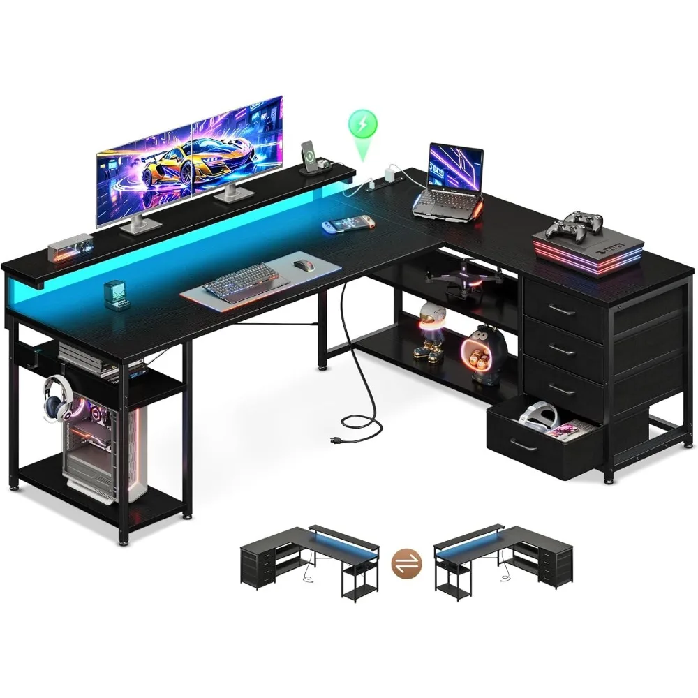 61-Л-образный стол с выдвижным ящиком, компьютерный стол с розетками и светодиодной подсветкой, двусторонний угловой игровой стол для домашнего офиса
61-Л-образный стол с выдвижным ящиком, компьютерный стол с розетками и светодиодной подсветкой, двусторонний угловой игровой стол для домашнего офиса