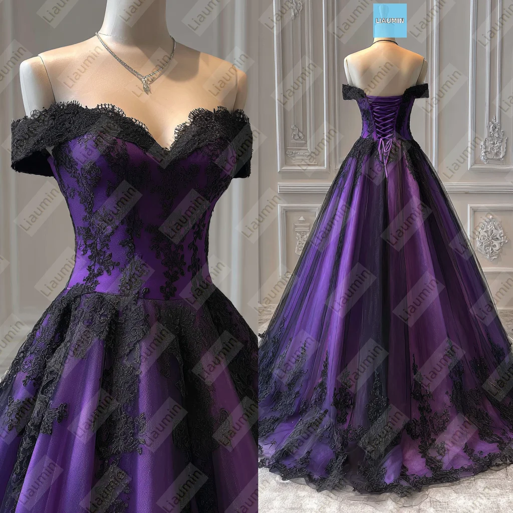 Purple Black Tulle Lace Applique Off The Shoulder With Train Evening Prom Wedding Formal Dress Lace-up Customized Made A7-1.65
Purple Black Tulle Lace Applique Off The Shoulder With Train Evening Prom Wedding Formal Dress Lace-up Customized Made A7-1.65