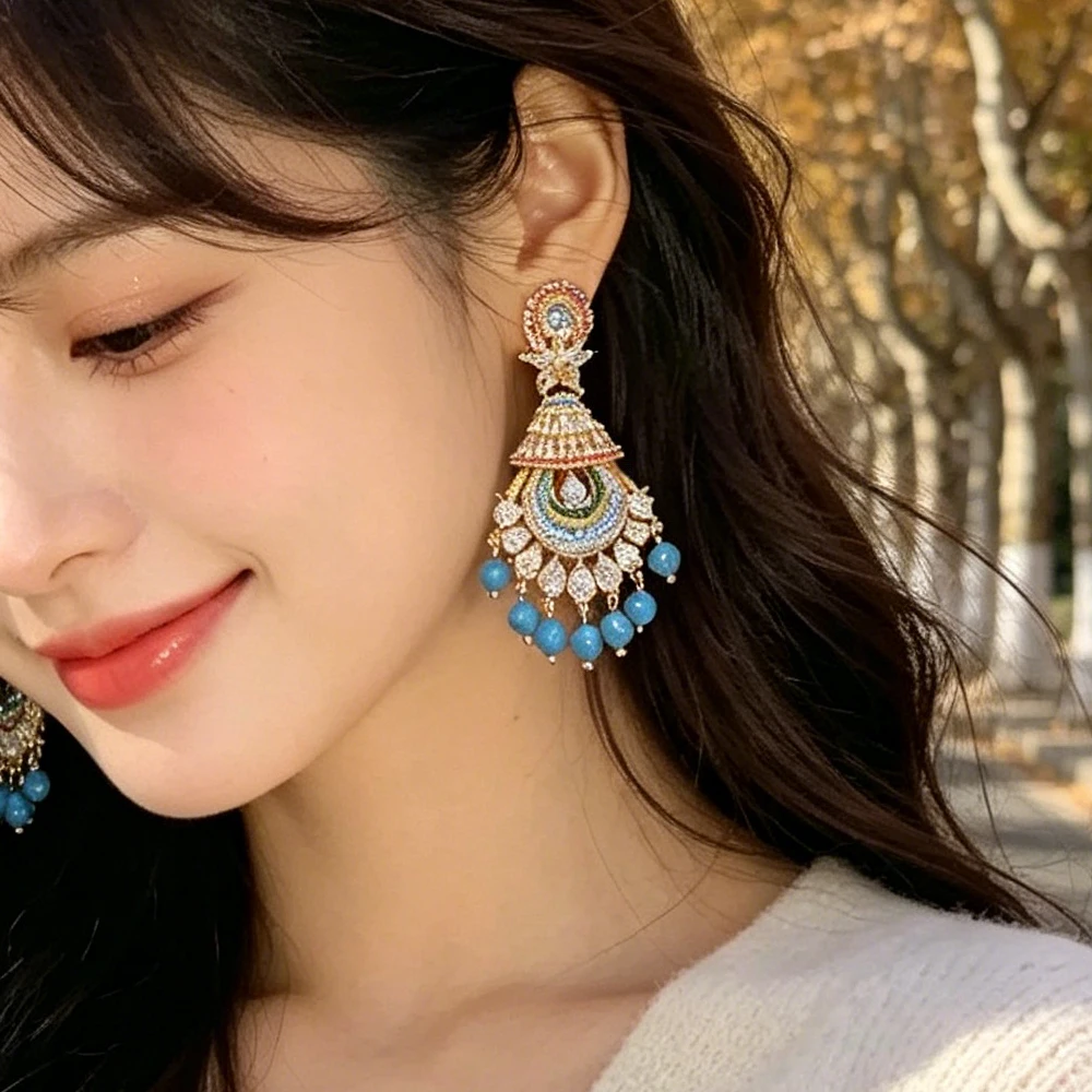 Indian Jhumka Jhumki Luxury Zircon Tassel Turquoise Beads Drop Earrings for Women Vintage Ethnic Traditional Bollywood Jewelry
Indian Jhumka Jhumki Luxury Zircon Tassel Turquoise Beads Drop Earrings for Women Vintage Ethnic Traditional Bollywood Jewelry