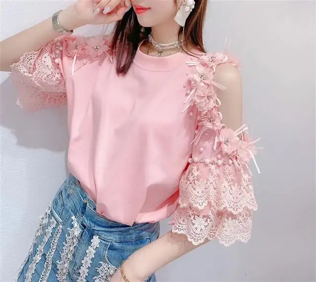 Nail Bead Three-dimensional Flower Lace Sweet Off Shoulder Short Sleeved T-shirt Top for Women
Nail Bead Three-dimensional Flower Lace Sweet Off Shoulder Short Sleeved T-shirt Top for Women