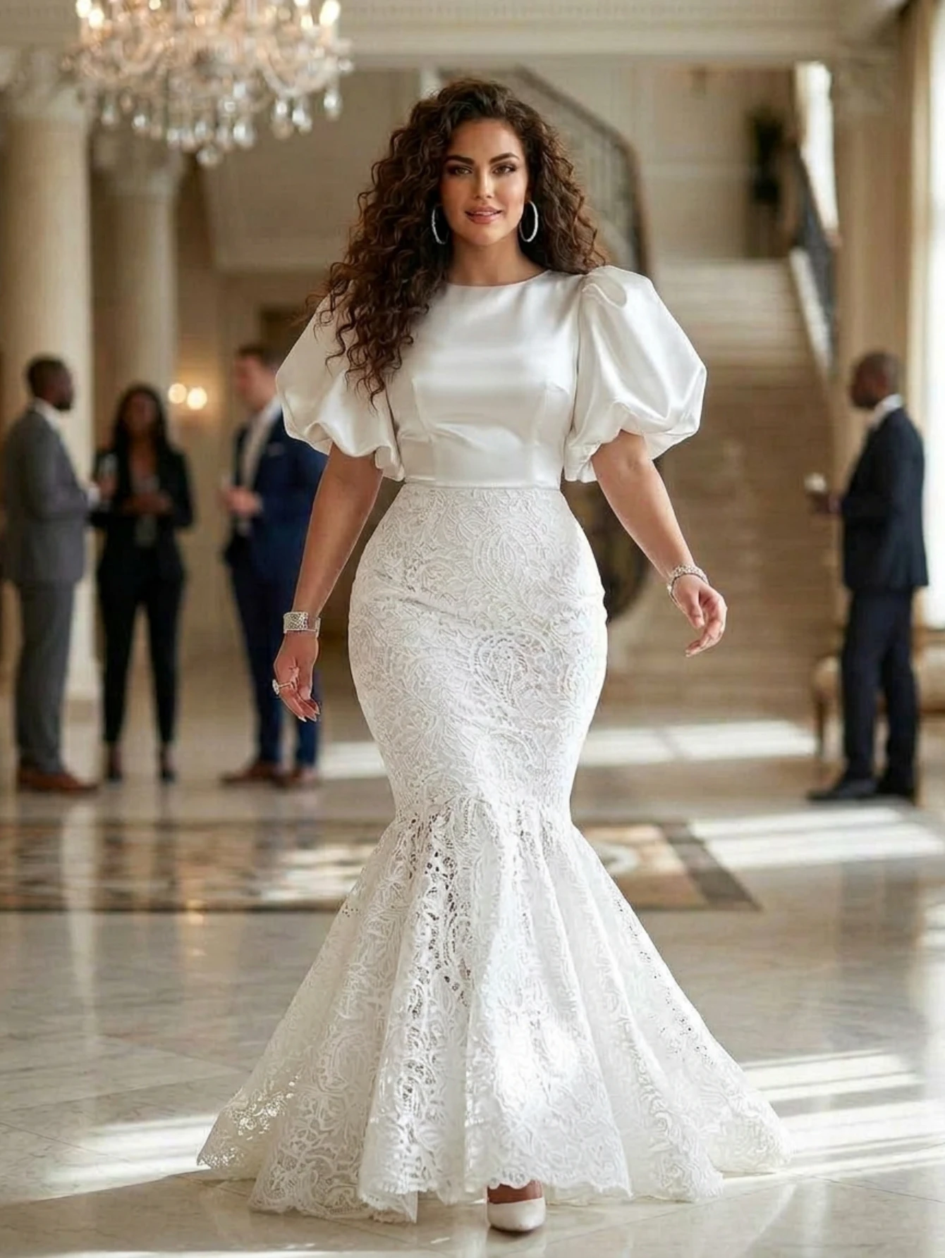 Round Neck Puff Sleeve Lace Mermaid Maxi Dress With Train Bridal Gown For Wedding Evening Formal Occasion
Round Neck Puff Sleeve Lace Mermaid Maxi Dress With Train Bridal Gown For Wedding Evening Formal Occasion