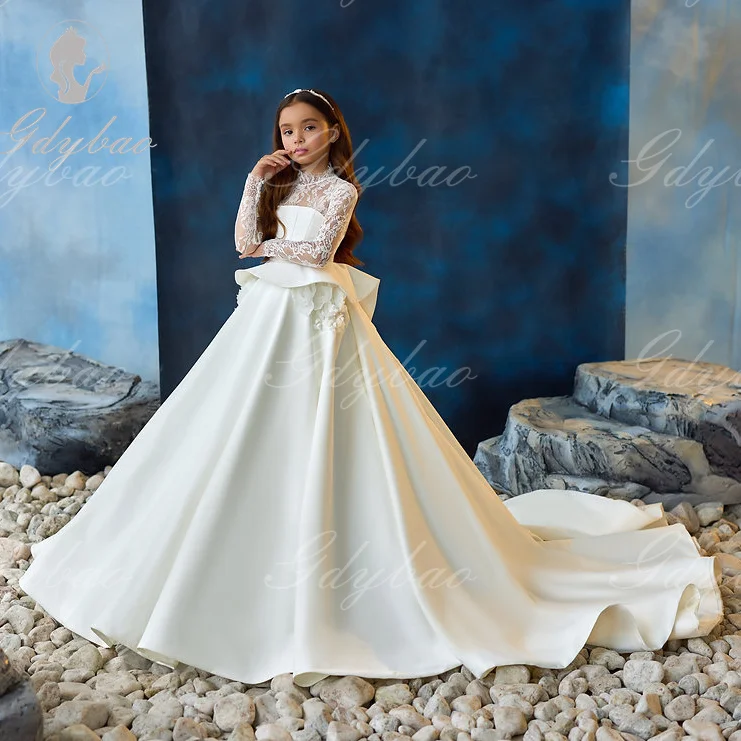 Elegant Flower Girl Dress For Wedding White Satin Lace Applique Full Sleeve Child First Eucharistic Birthday Party Dress
Elegant Flower Girl Dress For Wedding White Satin Lace Applique Full Sleeve Child First Eucharistic Birthday Party Dress