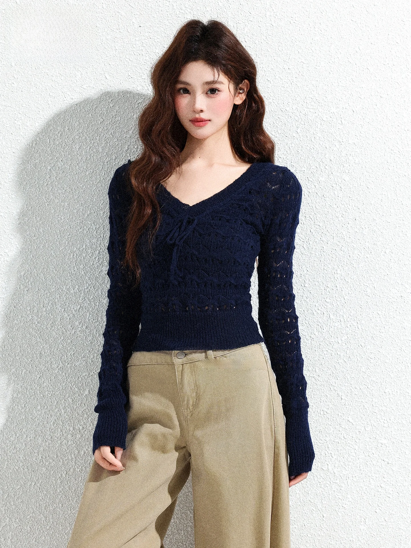 Slim Fit Long Sleeve Knitted Top in Dark Blue with Hollow out Design And Bow Detail for Women Casual Style Summer Shirt
Slim Fit Long Sleeve Knitted Top in Dark Blue with Hollow out Design And Bow Detail for Women Casual Style Summer Shirt