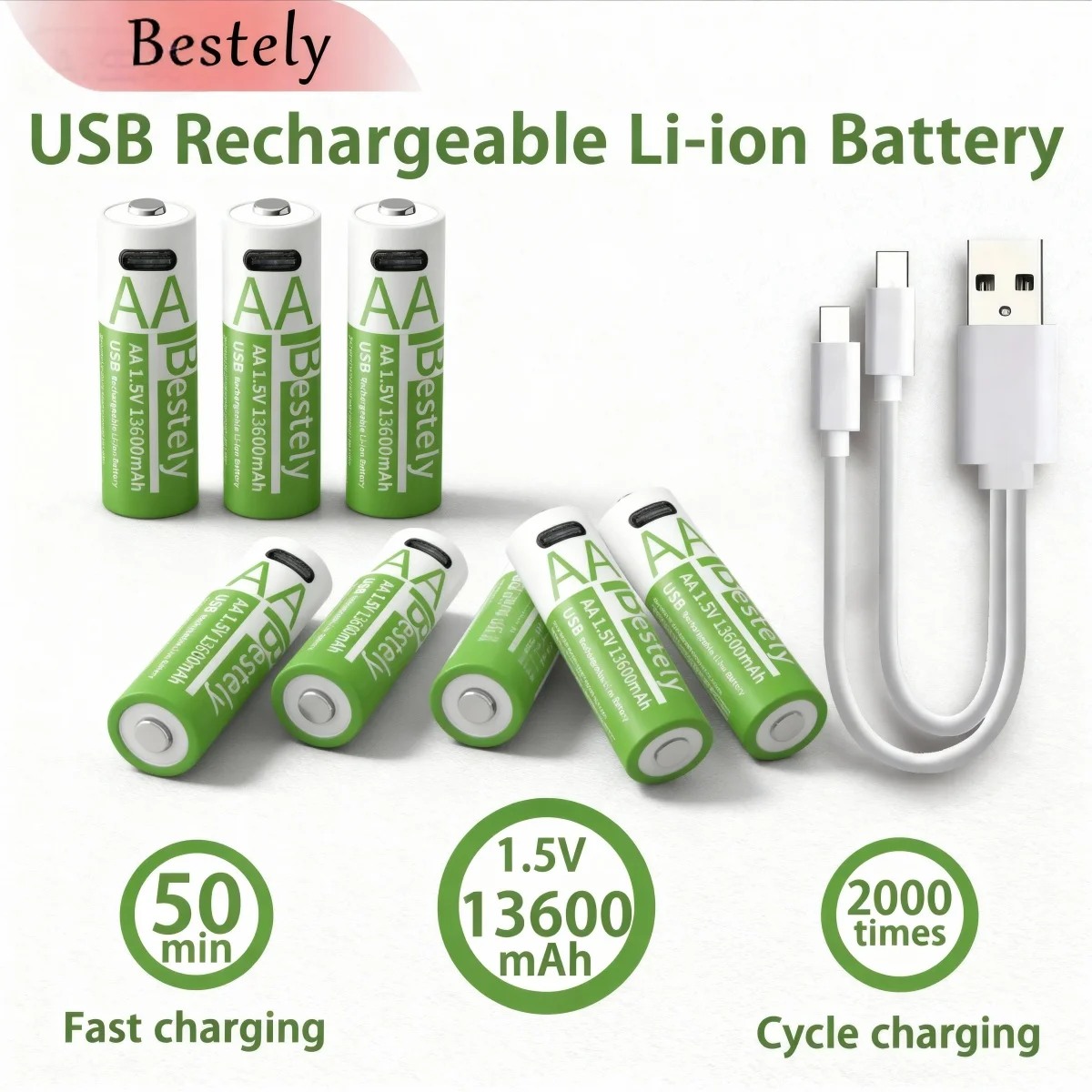 Bestely USB-C Fast Charging 1.5V AA Rechargeable Li-ion Battery 13600mAh 2000 Cycles with Cables battery 
Bestely USB-C Fast Charging 1.5V AA Rechargeable Li-ion Battery 13600mAh 2000 Cycles with Cables battery