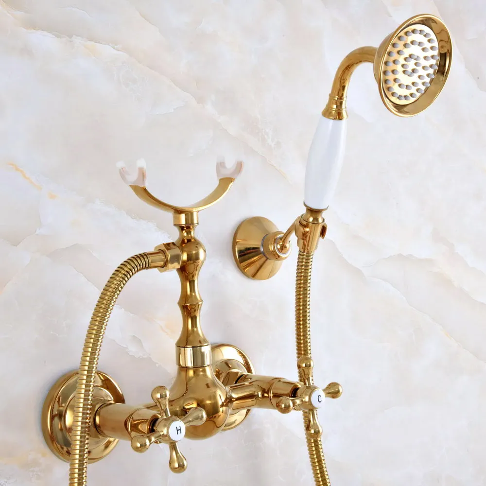 Polished Luxury Golden Brass Wall Mounted Bathroom Shower Faucet Set with 1.5M Hose Handheld Spray Head Mixer Tap Dna944
Polished Luxury Golden Brass Wall Mounted Bathroom Shower Faucet Set with 1.5M Hose Handheld Spray Head Mixer Tap Dna944