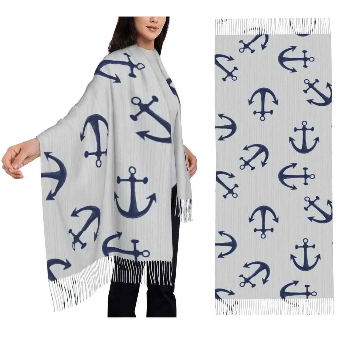 Морской узор синих якорей на светло-сером шарфе, шарфы с кисточками, женские шали и накидки, большая осенне-зимняя шаль
Морской узор синих якорей на светло-сером шарфе, шарфы с кисточками, женские шали и накидки, большая осенне-зимняя шаль