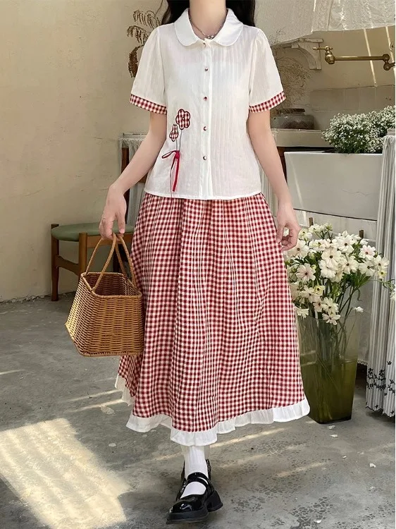 Sweet Doll Collar Embroidered Shirt And Red Plaid Skirt Two Piece Set Women Summer Anti-Wrinkle Casual Style Ensemble
Sweet Doll Collar Embroidered Shirt And Red Plaid Skirt Two Piece Set Women Summer Anti-Wrinkle Casual Style Ensemble