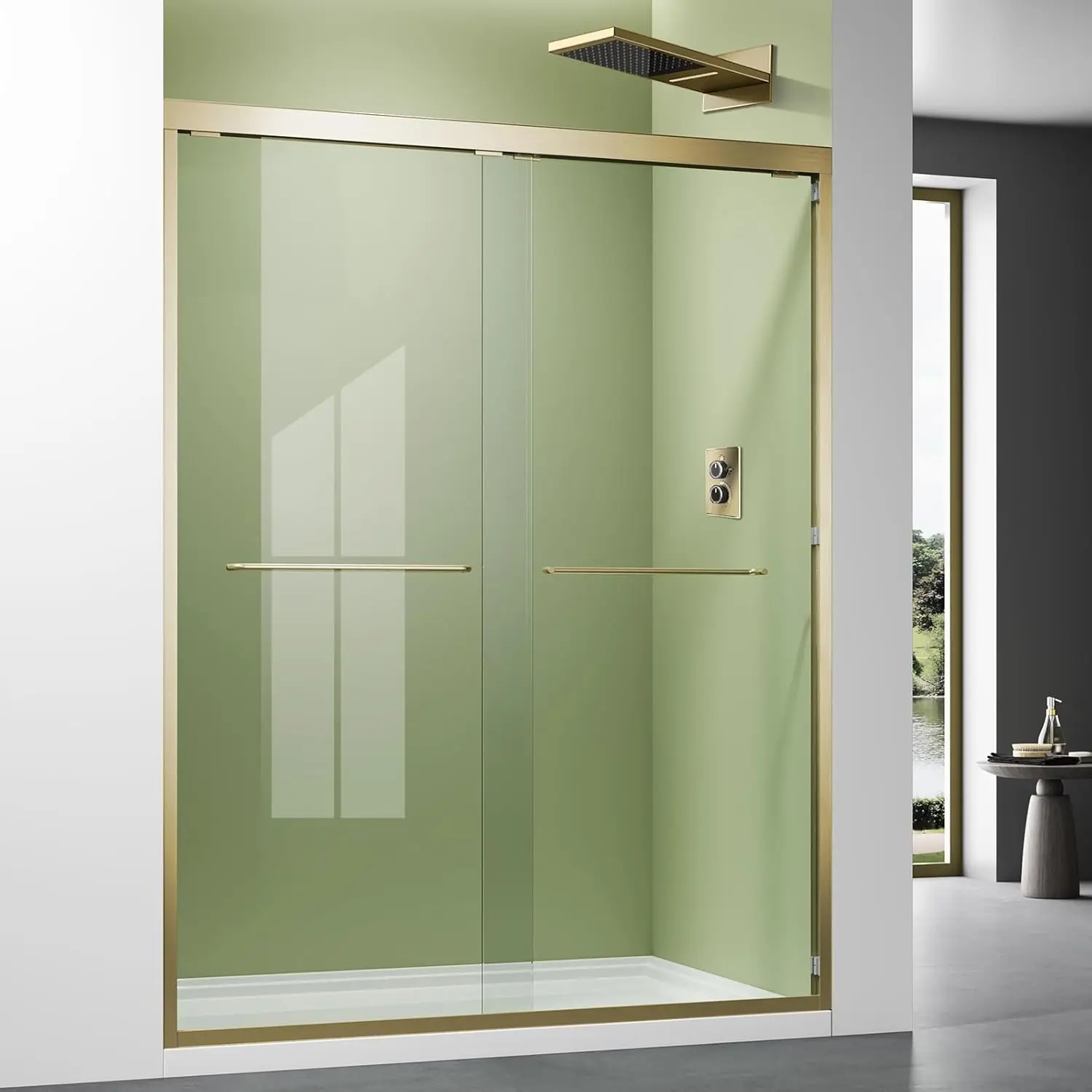 Brushed Gold Glass Shower Door,56-60 inch Wide x 72 inch Height Bathroom Sliding Door with Stainless Steel Double Handles,Revers
Brushed Gold Glass Shower Door,56-60 inch Wide x 72 inch Height Bathroom Sliding Door with Stainless Steel Double Handles,Revers