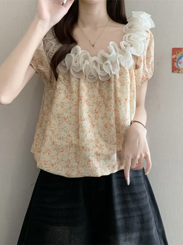 Sweet Three-Dimensional Lace Shoulder Bubblesleeve Short Shirt Women's Summer Floral Print Cute Top Korean Style Loose Fit
Sweet Three-Dimensional Lace Shoulder Bubblesleeve Short Shirt Women's Summer Floral Print Cute Top Korean Style Loose Fit