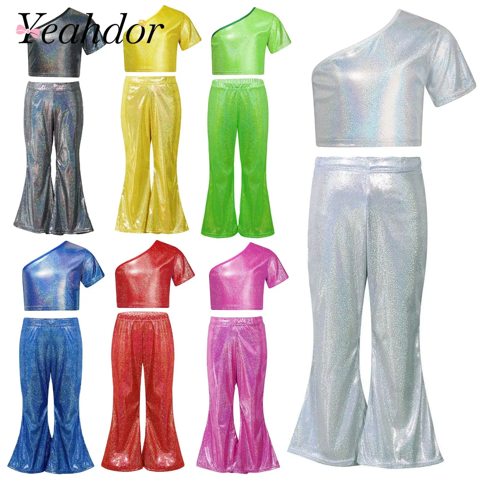 Kids Girls Jazz Dance Outfit Shiny Performance Clothes Sets Metallic Short Sleeve Crop Top + Flared Pants Childs Stage Dancewear 
Kids Girls Jazz Dance Outfit Shiny Performance Clothes Sets Metallic Short Sleeve Crop Top + Flared Pants Childs Stage Dancewear