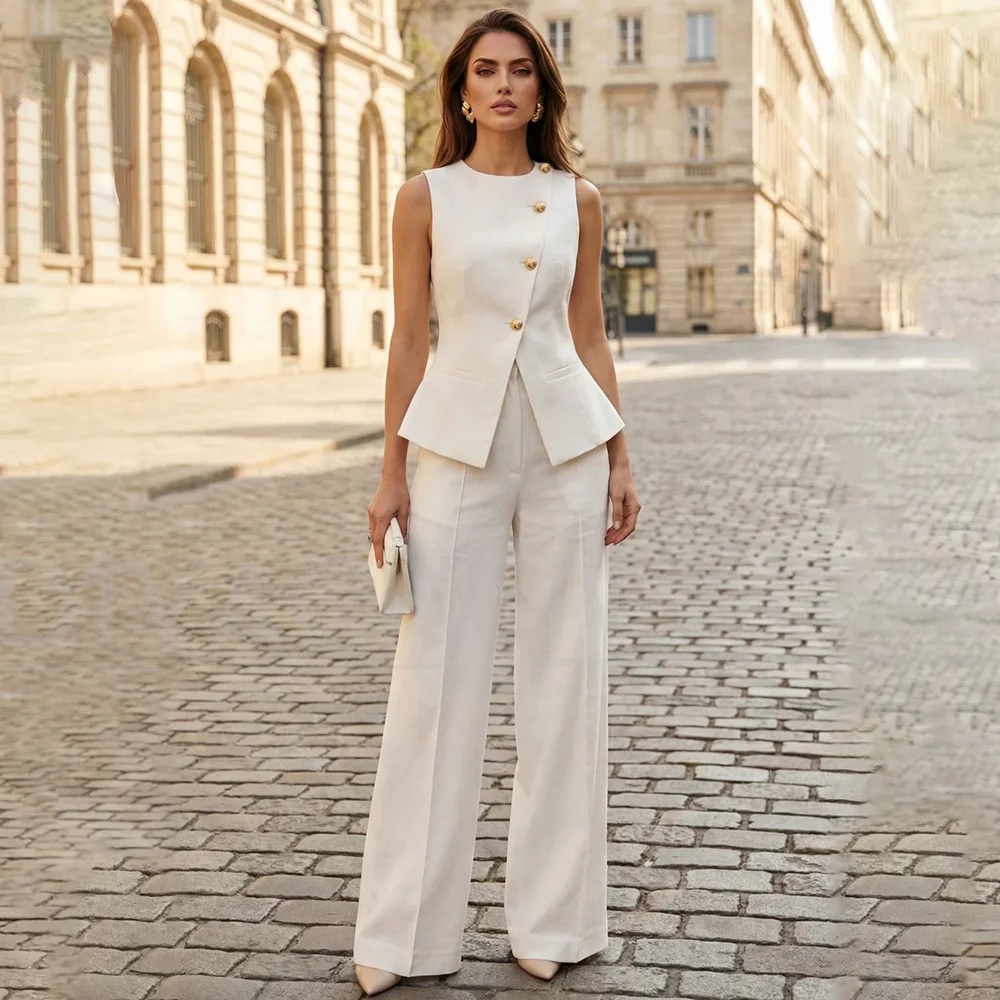 Women Suit Sleeveless Gold Button Waistcoat and Wide Leg Pants Elegant Office Lady Work Wedding Casual Chic 2 Piece Outfit
Women Suit Sleeveless Gold Button Waistcoat and Wide Leg Pants Elegant Office Lady Work Wedding Casual Chic 2 Piece Outfit