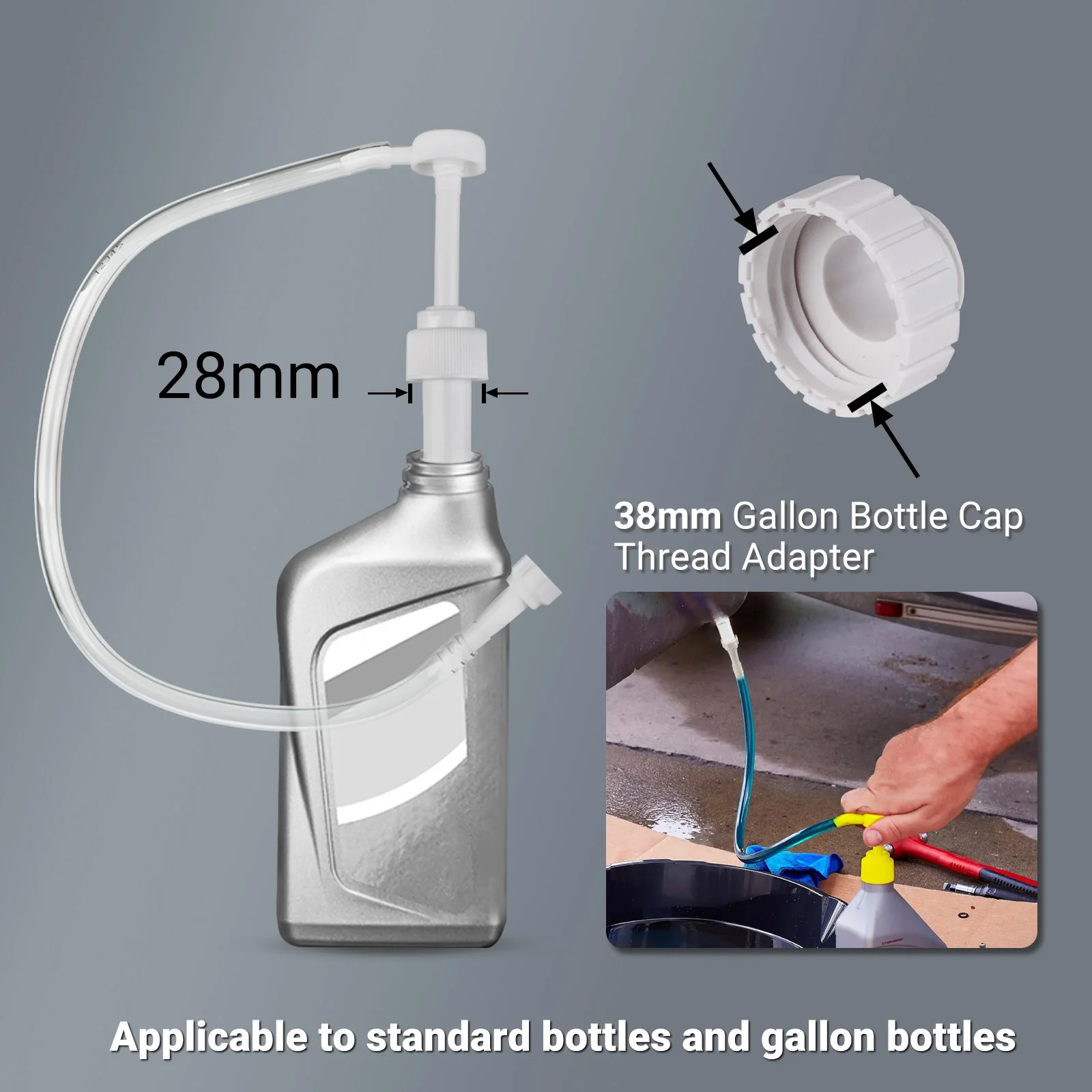 Gallon Bottle Cap And 3/8" 8mm 10mm Engine Adapters Fit Most Outboard & Sterndrives Motor Gear Oil Pump with 28mm Quart & 38mm 
Gallon Bottle Cap And 3/8" 8mm 10mm Engine Adapters Fit Most Outboard & Sterndrives Motor Gear Oil Pump with 28mm Quart & 38mm