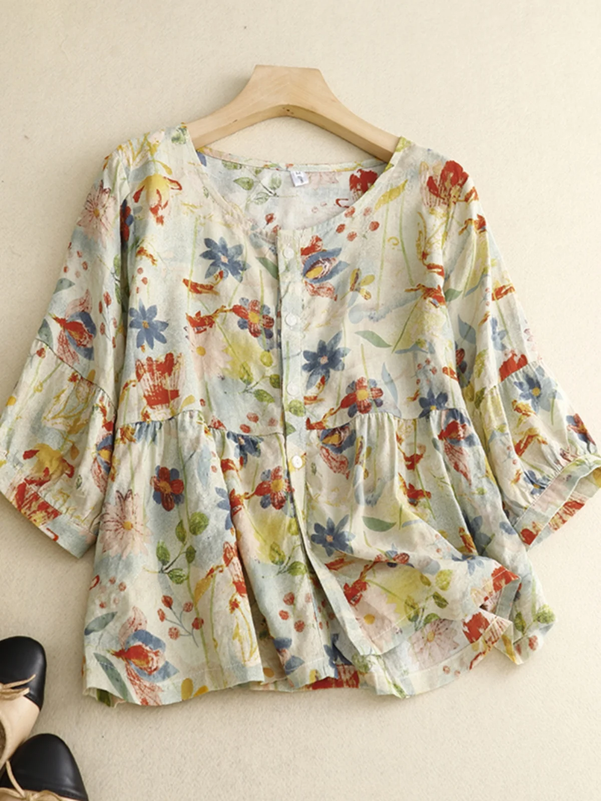 Хлопково-льняной топ в стиле ретро с лоскутным принтом f Sve irt, тонкий круглый универсальный женский летний топ большого размера для похудения 
Хлопково-льняной топ в стиле ретро с лоскутным принтом f Sve irt, тонкий круглый универсальный женский летний топ большого размера для похудения