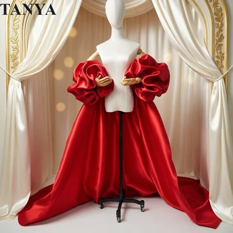 Red Mikado Satin Long Wedding Cape Puffy Short Sleeves Court Tain Evening Cape Outfit Coat For Women Costume DJ199