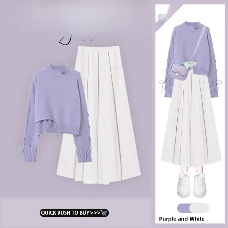 Autumn Winter Loose Knitted Sweater Belted Design A-Line Pleated Long Skirt Set High Ne Outerwear Top Full Sve round Ne
Autumn Winter Loose Knitted Sweater Belted Design A-Line Pleated Long Skirt Set High Ne Outerwear Top Full Sve round Ne