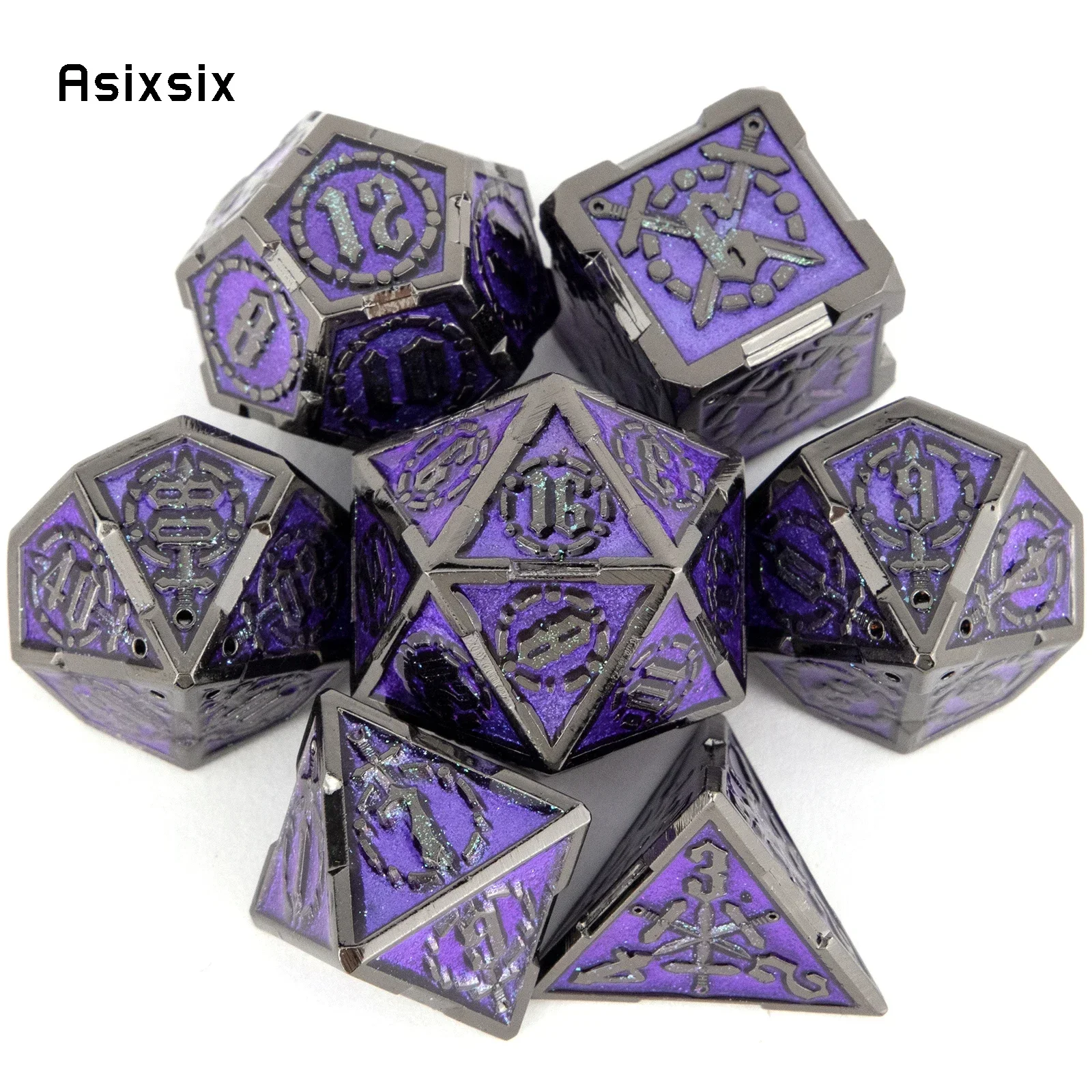 7 Pcs Purple Silver Double Swords Metal Dice Solid Polyhedral Dice Set Suitable for Role-Playing RPG Board Game
7 Pcs Purple Silver Double Swords Metal Dice Solid Polyhedral Dice Set Suitable for Role-Playing RPG Board Game
