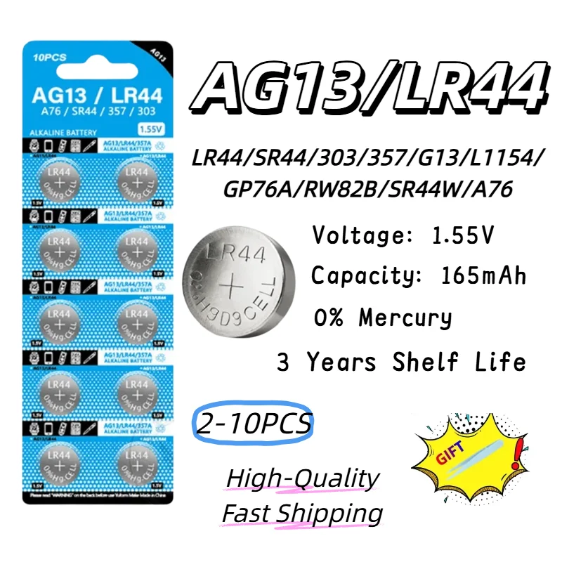 2-10pcs LR44 AG13 1.5V Alkaline Button Battery L1154 357 SR44 RW82 Coin Cell For Watch Remote Control Toy
2-10pcs LR44 AG13 1.5V Alkaline Button Battery L1154 357 SR44 RW82 Coin Cell For Watch Remote Control Toy
