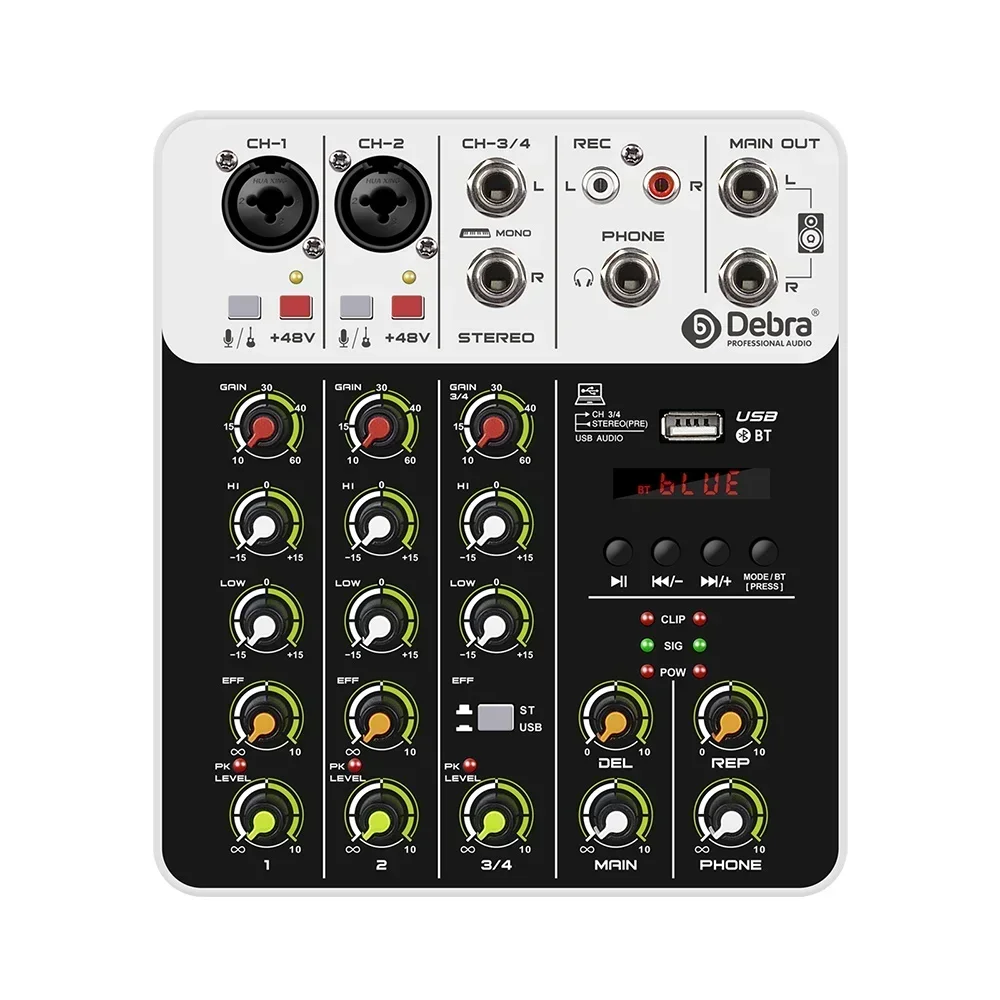 4 Channels Audio Mixer Bluetooth USB Record Computer DJ Console Mixing 48V Phantom Power Delay Repaeat Effect V4 Sound Mixers
4 Channels Audio Mixer Bluetooth USB Record Computer DJ Console Mixing 48V Phantom Power Delay Repaeat Effect V4 Sound Mixers