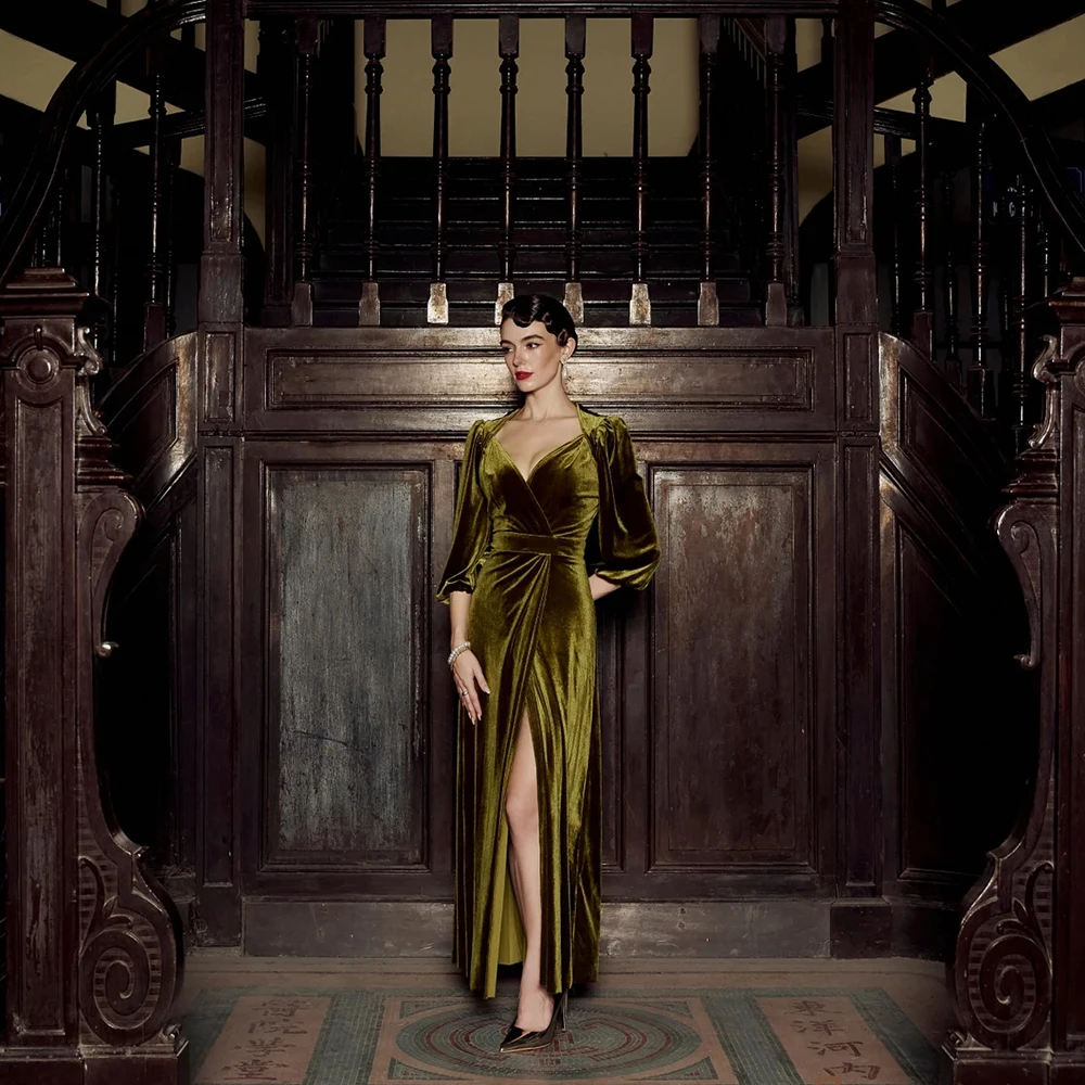 Customized Velour Lemon Green V-neck Luxury Evening Dress Pleat Half Sleeves Sexy High Split Floor Length Elegant Party Dresses
Customized Velour Lemon Green V-neck Luxury Evening Dress Pleat Half Sleeves Sexy High Split Floor Length Elegant Party Dresses