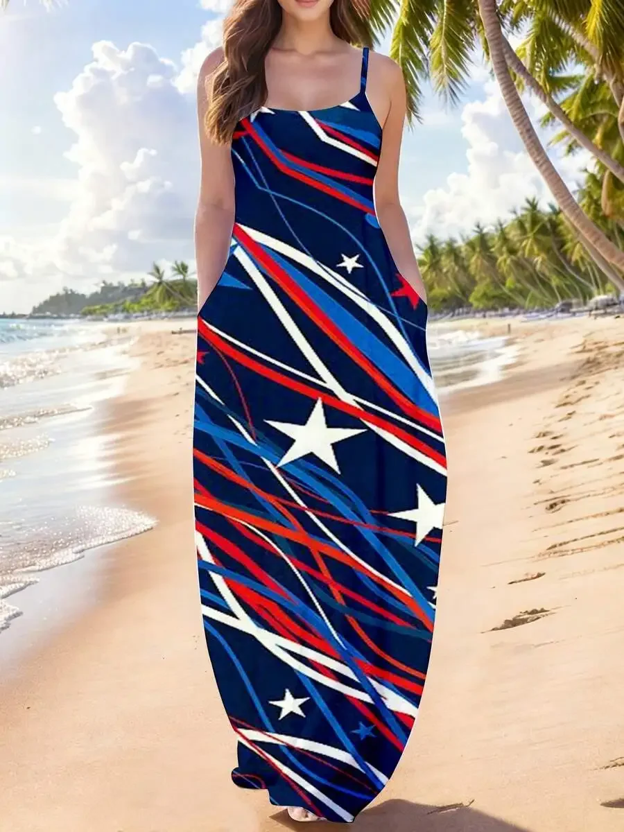 Women Spaghetti Strap Maxi Dress With Pockets Stars And Stripes Print Blue Red White Beachwear
Women Spaghetti Strap Maxi Dress With Pockets Stars And Stripes Print Blue Red White Beachwear