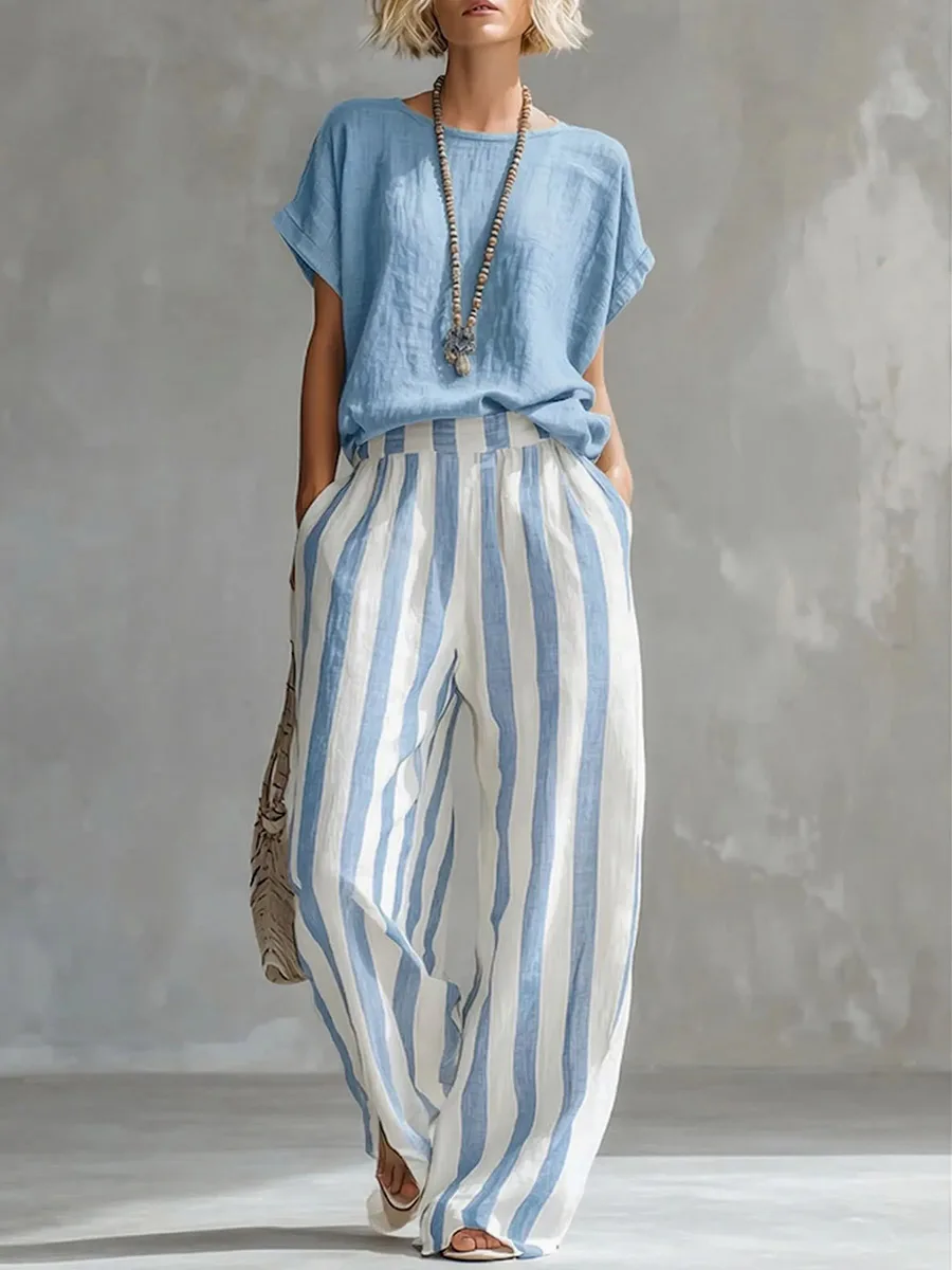Women Plus Size Striped Two Piece Set Short Sleeve Tee High Waist Wide Leg Pants Summer Casual Outfits Women's Matching Sets
Women Plus Size Striped Two Piece Set Short Sleeve Tee High Waist Wide Leg Pants Summer Casual Outfits Women's Matching Sets