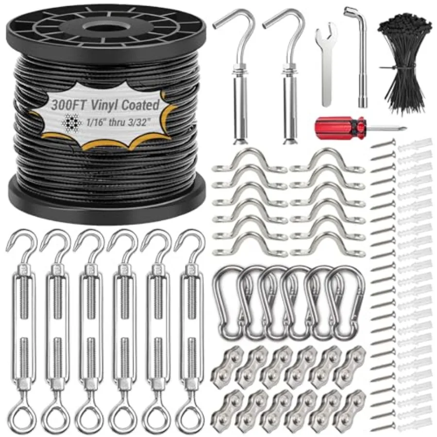 1/16" Wire Rope Kit with 300FT Vinyl Coated 304 Stainless Steel Wire Rope with M5 Turnbuckle 7x7 Strand Core Tensioner Kit for
1/16" Wire Rope Kit with 300FT Vinyl Coated 304 Stainless Steel Wire Rope with M5 Turnbuckle 7x7 Strand Core Tensioner Kit for