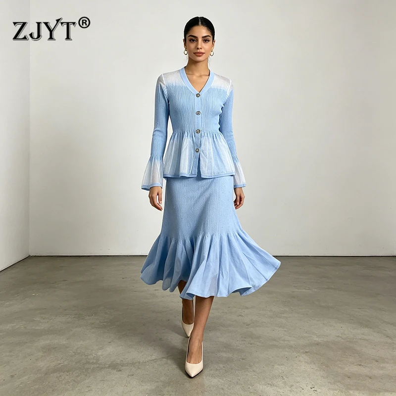 ZJYT Women's Knitted Dress Set 2 Piece Autumn Flare Sleeve Sweater and Long Skirt Suit Elegant Female Party Outfit Blue 2026
ZJYT Women's Knitted Dress Set 2 Piece Autumn Flare Sleeve Sweater and Long Skirt Suit Elegant Female Party Outfit Blue 2026