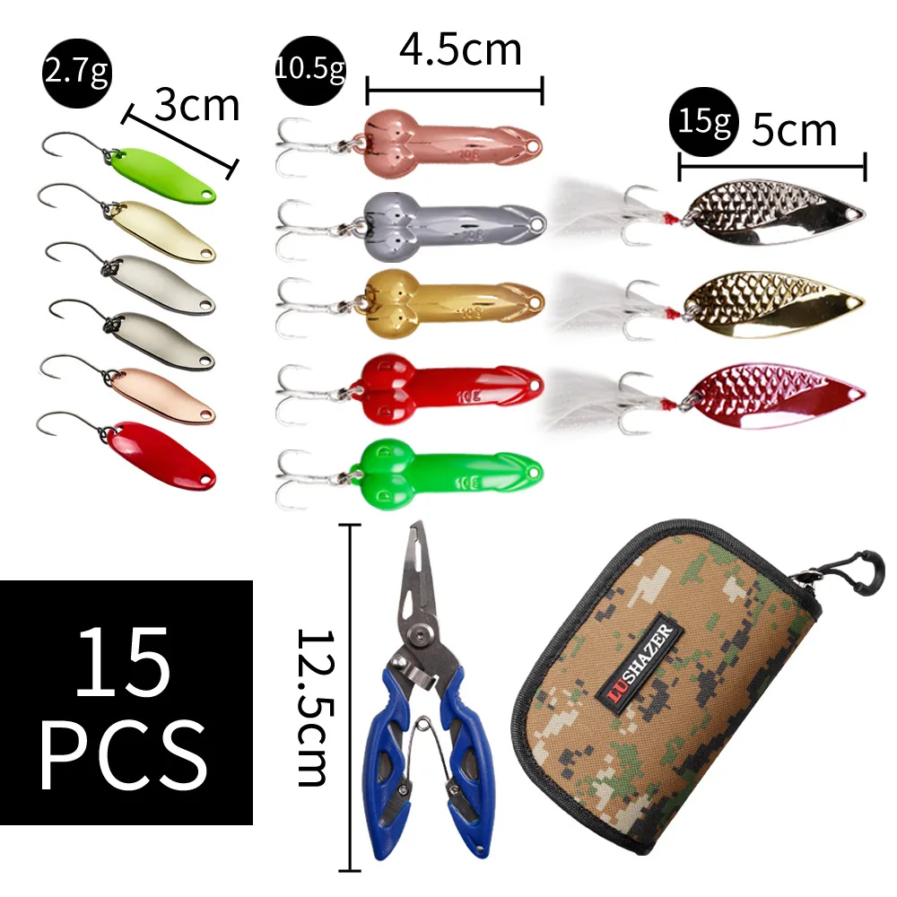 15pcs/Set Fishing Tools with Pliers Metal Spoon Lures Hard Bait Tackle Box Freshwater Bass Trout Pike Fishing Tackle
15pcs/Set Fishing Tools with Pliers Metal Spoon Lures Hard Bait Tackle Box Freshwater Bass Trout Pike Fishing Tackle