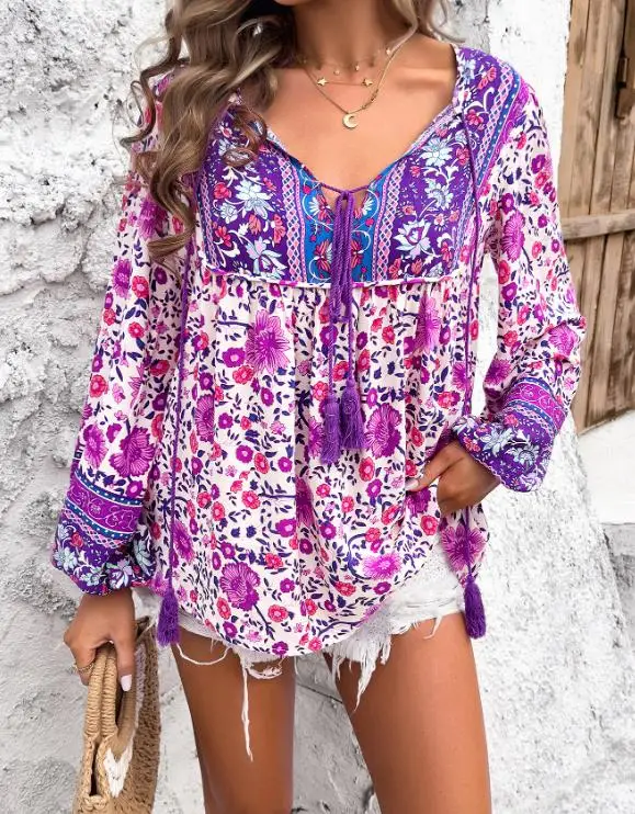 Women's Chiffon Shirt Summer New Fashionable Casual Beach Vacation Style Bohemian Print Deep V-Neck Lace Up Design Loose Top
Women's Chiffon Shirt Summer New Fashionable Casual Beach Vacation Style Bohemian Print Deep V-Neck Lace Up Design Loose Top