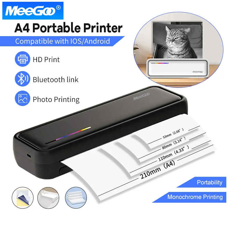 MeeGoo Portable Thermal A4 Printer HD Inkless Printing Wireless Bluetooth Photo Document Printer Compatible Phone/PC for Travel
MeeGoo Portable Thermal A4 Printer HD Inkless Printing Wireless Bluetooth Photo Document Printer Compatible Phone/PC for Travel