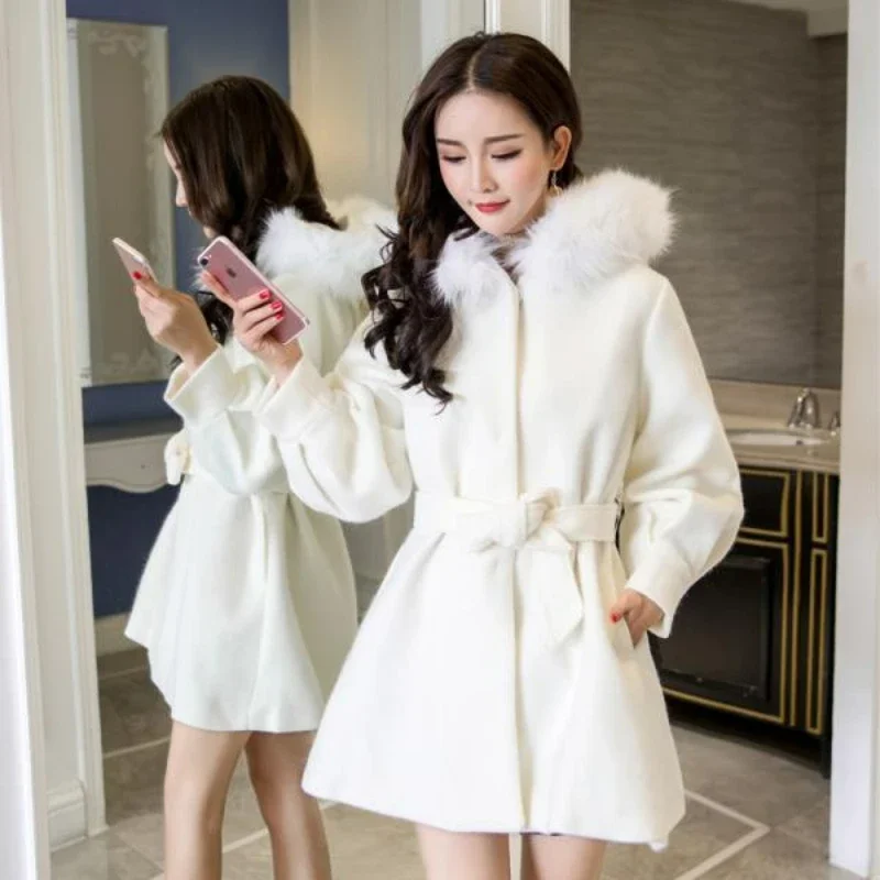 Winter New Outwear Pink Woolen Collar Overcoat Hooded Thick Woolen Jacket Women's Mid-length Parkas Drawstring Tweed Sweet Coat
Winter New Outwear Pink Woolen Collar Overcoat Hooded Thick Woolen Jacket Women's Mid-length Parkas Drawstring Tweed Sweet Coat
