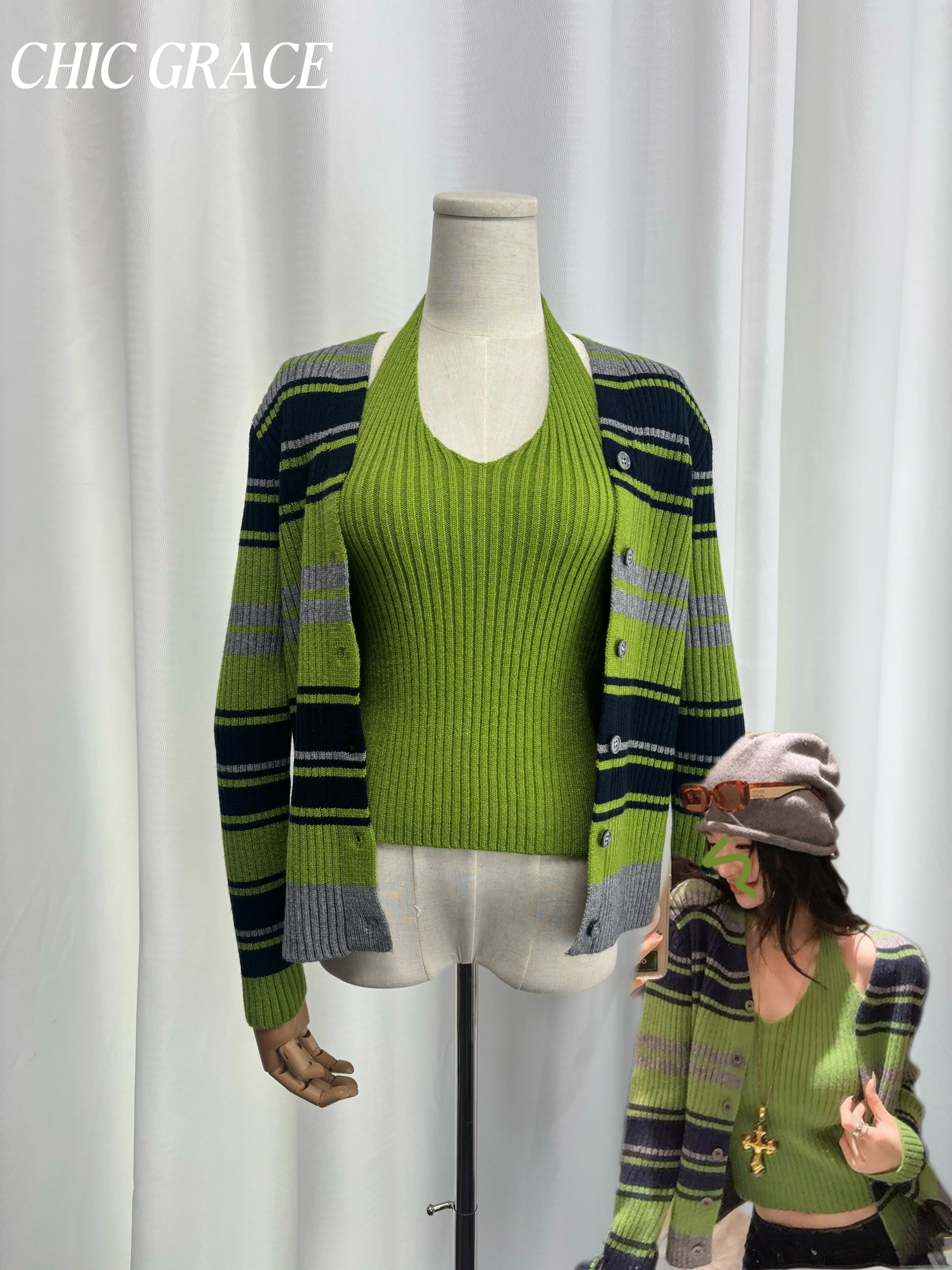 Новинка 2023 года, нишевый вязаный комплект в зеленую полоску авокадо, женский осенне-зимний облегающий жилет с v-образным вырезом, кардиган с длинными рукавами, два предмета
Новинка 2023 года, нишевый вязаный комплект в зеленую полоску авокадо, женский осенне-зимний облегающий жилет с v-образным вырезом, кардиган с длинными рукавами, два предмета
