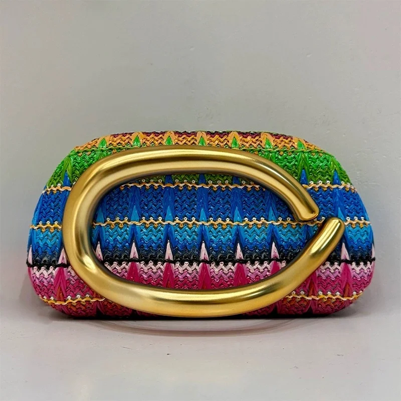 Boho Colorful Striped Woven Clutch Bag Women Big Gold Metal Frame Evening Handbag Straw Texture Hard Shell Summer Party Purse
Boho Colorful Striped Woven Clutch Bag Women Big Gold Metal Frame Evening Handbag Straw Texture Hard Shell Summer Party Purse