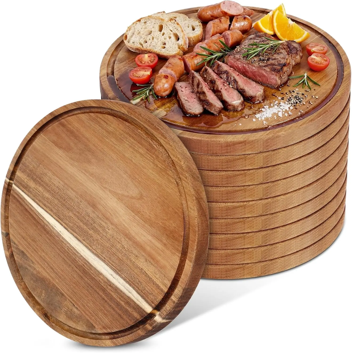 10 Pcs Round Acacia Wood Cutting Boards, 14 Inch with Juice Groove, Thick Kitchen Serving Trays for Bread Pizza Meat
10 Pcs Round Acacia Wood Cutting Boards, 14 Inch with Juice Groove, Thick Kitchen Serving Trays for Bread Pizza Meat