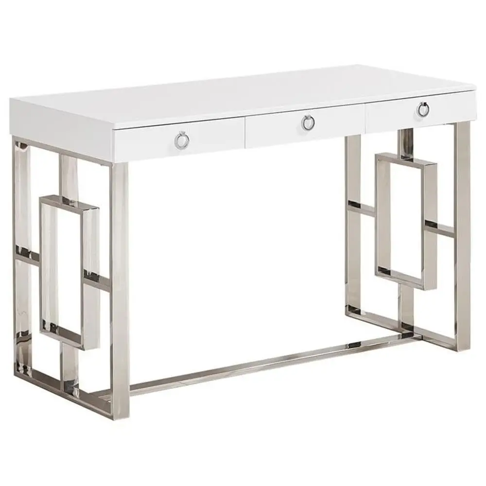 Barento 47 White Gloss Rectangular Computer Desk with 3 Drawers and Ring Handles, Stainless Steel Sled Base, Contemporary Offic
Barento 47 White Gloss Rectangular Computer Desk with 3 Drawers and Ring Handles, Stainless Steel Sled Base, Contemporary Offic