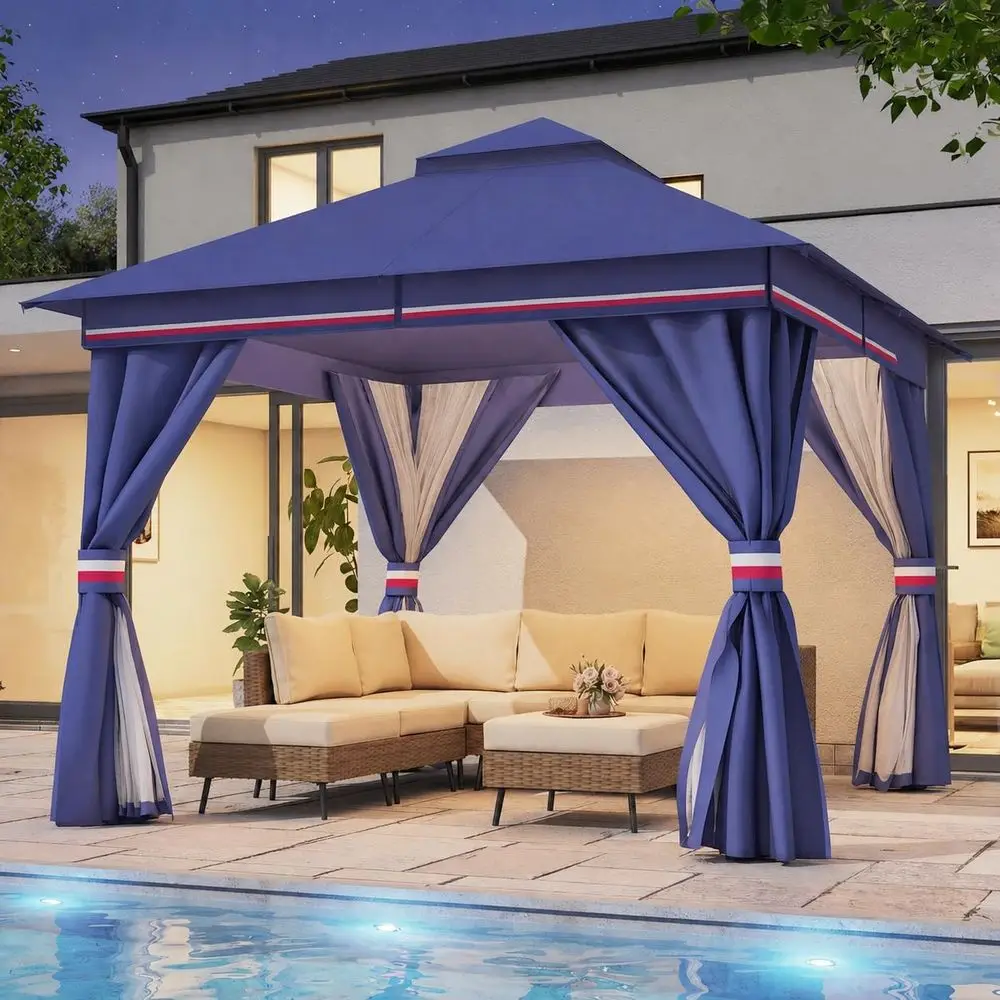 10x10 Outdoor Patio Gazebo with Double Roof, Mosquito Net, and Privacy Screen - Ideal for Backyard, Garden, Deck (Blue)
10x10 Outdoor Patio Gazebo with Double Roof, Mosquito Net, and Privacy Screen - Ideal for Backyard, Garden, Deck (Blue)