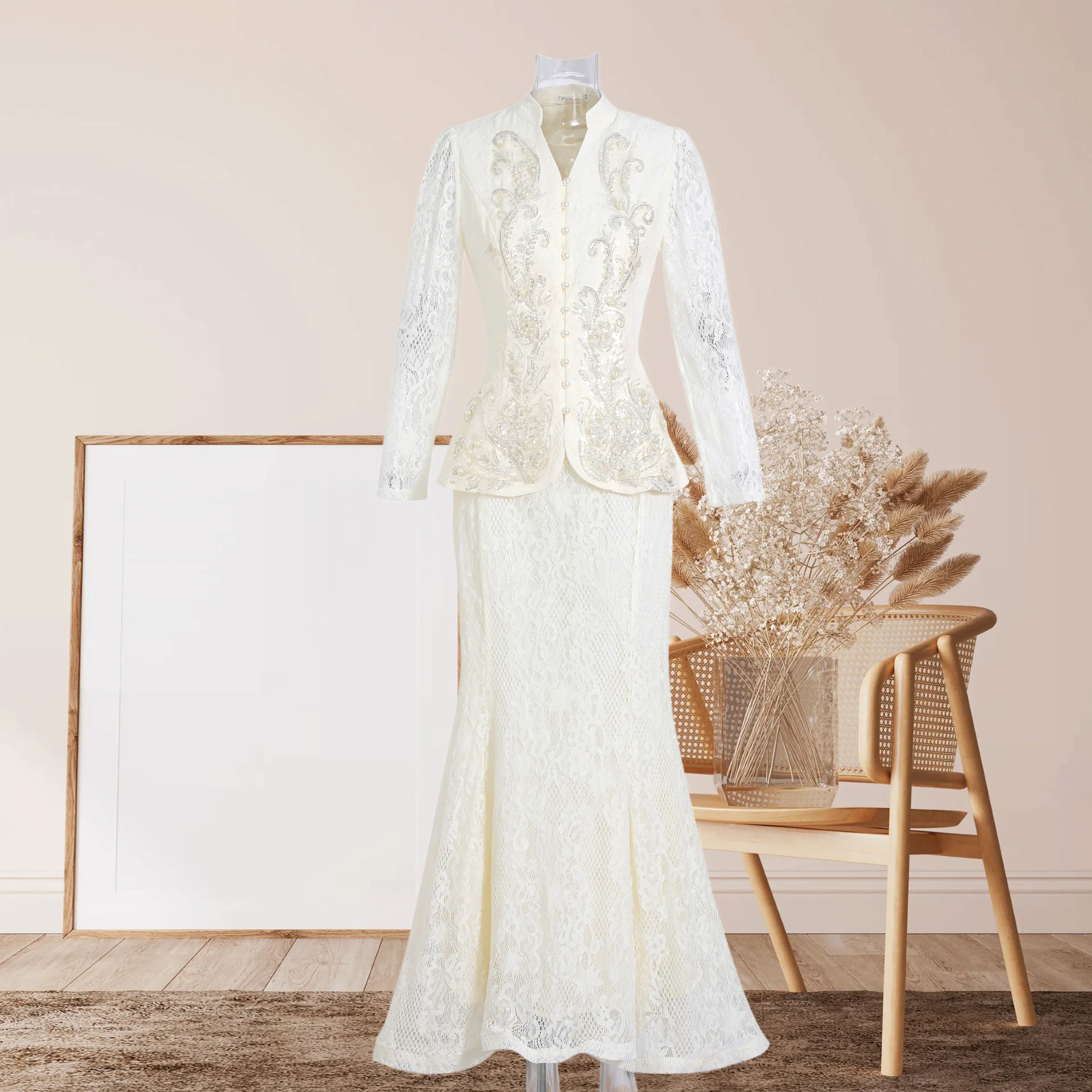 Luxury White Lace 2 Piece Set Women Mermaid Skirt Suit Elegant Long Sleeve Jacket Mother of Bride Wedding Party Gown
Luxury White Lace 2 Piece Set Women Mermaid Skirt Suit Elegant Long Sleeve Jacket Mother of Bride Wedding Party Gown