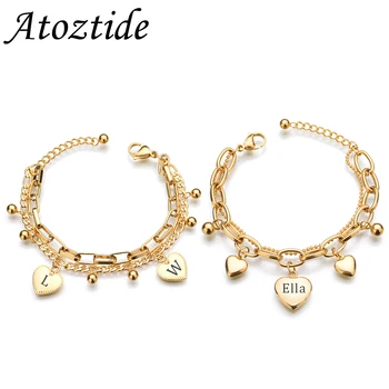 Atoztide 여성용 이름 각인 팔찌, 하트 스테인레스 스틸 맞춤 문자 링크 체인, 골드 컬러 팔찌, 생일 쥬얼리 선물