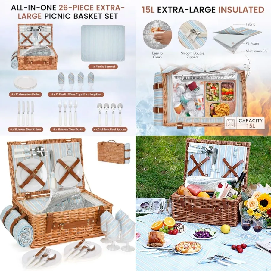 Wicker Picnic Basket Set for 4 Persons Large Willow Hamper with Large Insulated Cooler Compartment, Waterproof Blanket and Cutl
Wicker Picnic Basket Set for 4 Persons Large Willow Hamper with Large Insulated Cooler Compartment, Waterproof Blanket and Cutl