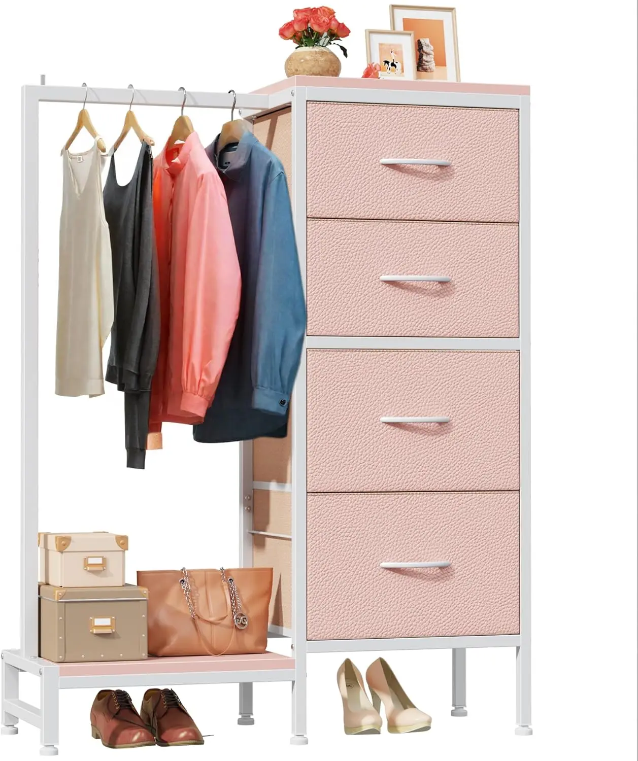 Dresser with Hanging Rack, 4 Drawers Small Closet for Bedroom, Reversible Fabric Kids Chest of Drawers with Clothes Rack, Tal
Dresser with Hanging Rack, 4 Drawers Small Closet for Bedroom, Reversible Fabric Kids Chest of Drawers with Clothes Rack, Tal