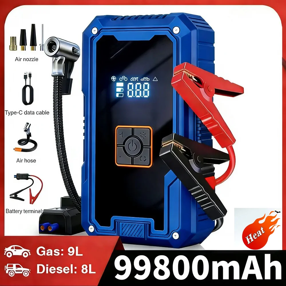 3000A 99800mAh Car Jump Starter with 150PSI Tire Inflator 4 in 1 12V Auto Battery Booster Portable Power Bank LED Light
3000A 99800mAh Car Jump Starter with 150PSI Tire Inflator 4 in 1 12V Auto Battery Booster Portable Power Bank LED Light