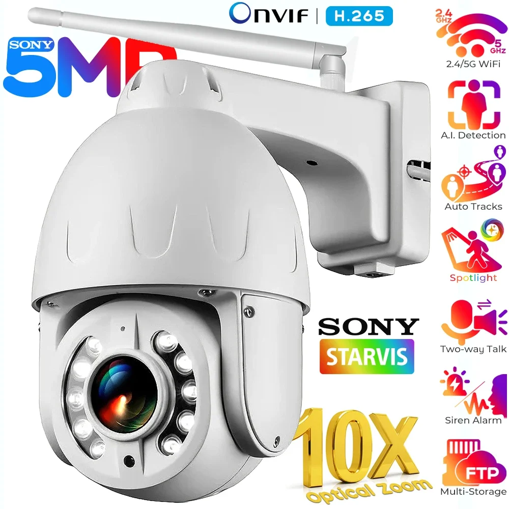 5MP Sony 5X 10X Optical Zoom WiFi Dome PTZ IP Camera Outdoor Human Detect Auto Tracks Security Cameras Color Night Vision Camera
5MP Sony 5X 10X Optical Zoom WiFi Dome PTZ IP Camera Outdoor Human Detect Auto Tracks Security Cameras Color Night Vision Camera